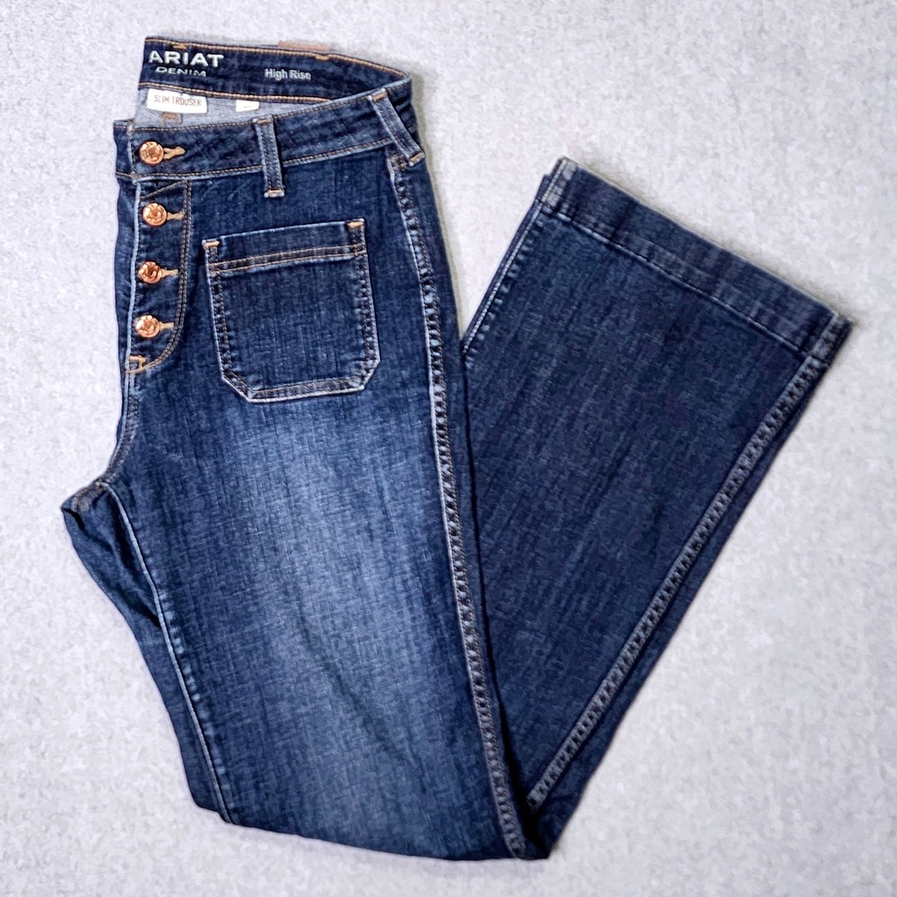 Ariat Slim Trouser Jeans Women 31R Blue High Rise Button Fly Western Wide Leg